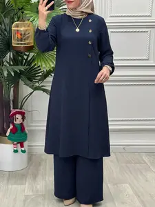 Women's Casual Suit Set, Mid-Length Top with Split Design, Long Sleeve, Loose-Fit High Waist Pants, Ideal for Daily Wear