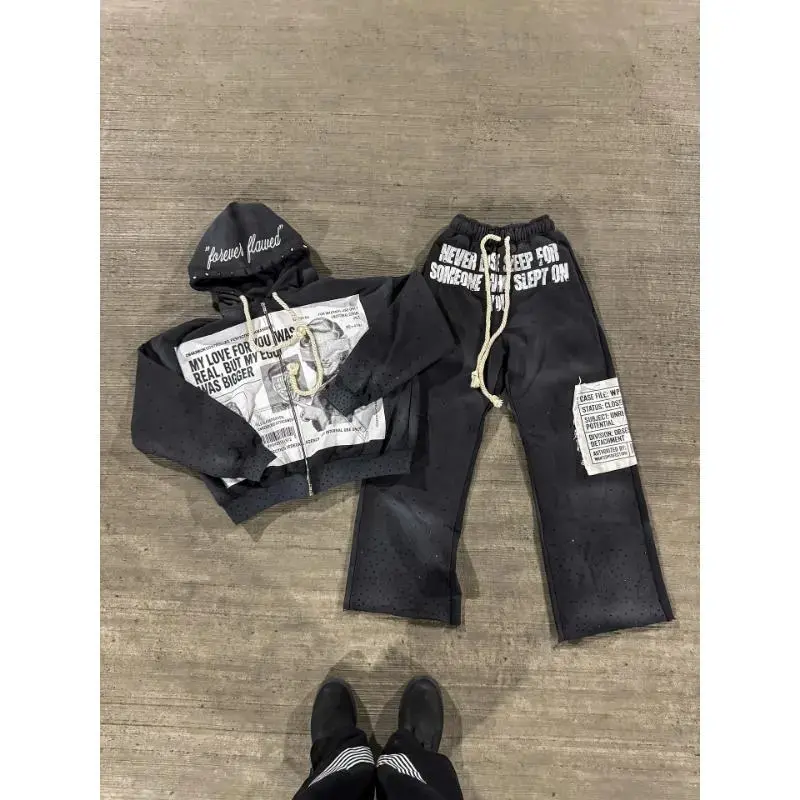 Sweatshirt and pants  New Gothic Punk Sportswear Two Piece Set Harajuku Retro Patchwork Printed Loose Zipper Hoodie Fashion Casual Sports Pants colorblock drawstring zip Flare Waisted Lounge long sleeve pullover sweatshirt zipper