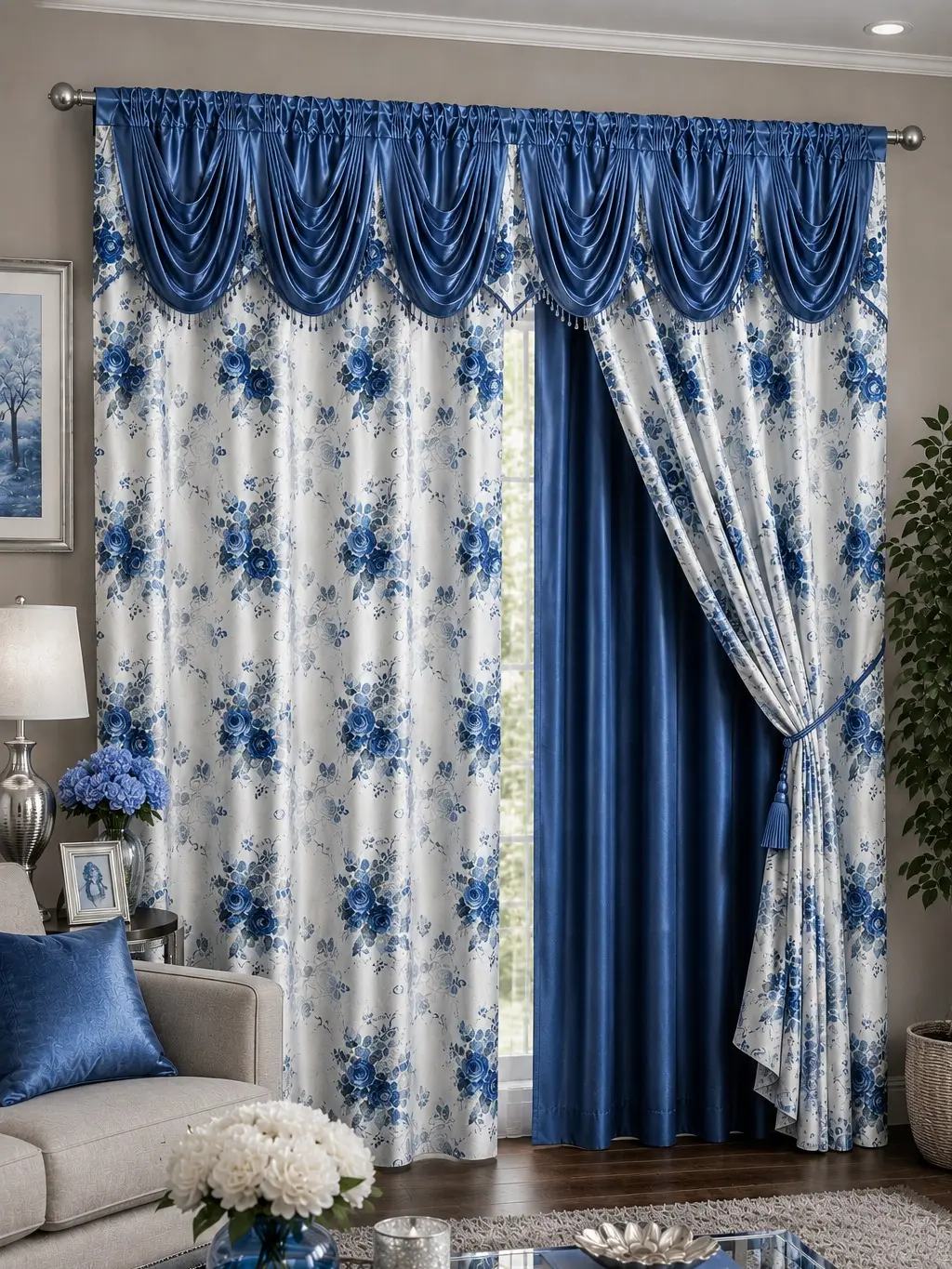 Woowide 2-Piece Luxury Jacquard Curtain Panels with Attached Valance – Elegant Window Drapes for Living Room