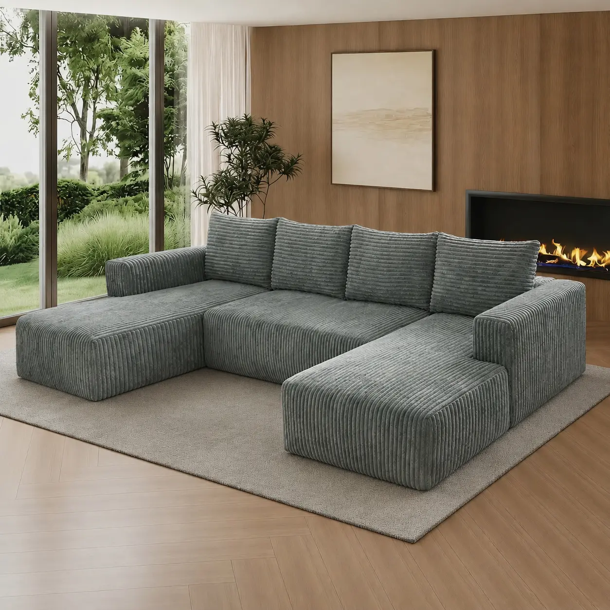 127.5" U-Shaped Corduroy Modular Cloud Sofa - Convertible Couch, Oversized 5-Seater with Chaise & Included Pillows, No Assembly Required, Space-Saving Indoor Furniture for Living Room (2 Packages Shipping)