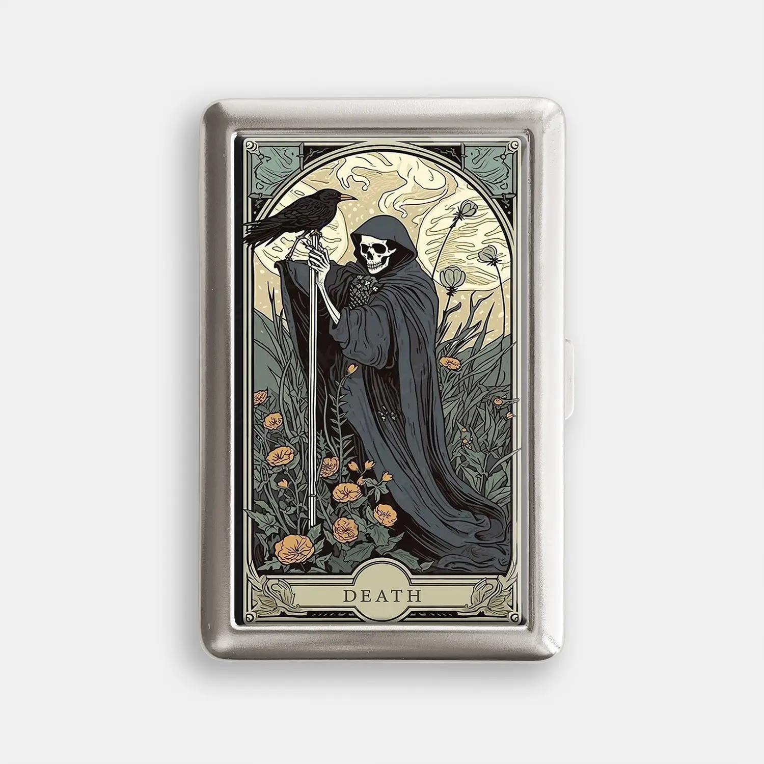 Vintage Rectangle Funny Death Skeleton Tarot Retro Metal Collector Box - Fathers' Secure Metal Arms Container with Lid, Compact Card Holder, Fits 16 King Size/20 Slim 100s Decks, Home Organizer Gift