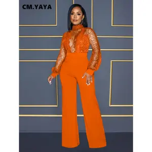 Women Lace Patchwork Long Sleeve Loose Straight Jumpsuit Fashion Streetwear Sexy Party One Piece Set Overall Playsuit