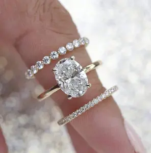 3 Oval Cut Wedding Ring Set – Engagement Ring  Plain Band Ring Set Gift For Her