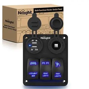 Nilight 3Gang Led Light Bar/Rear Lights/Rock Lights 5Pin ON/Off Rocker Switch Panel W/ USB Charger Cigarette Lighter