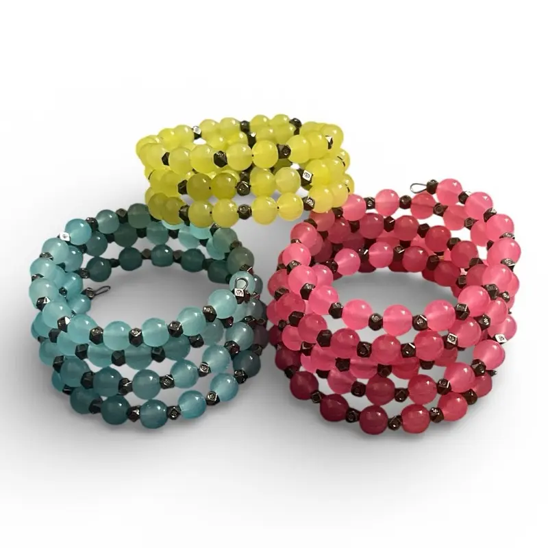Multilayer Stack 8mm Glass Bead Memory Wire Wrap Bracelets With Black Accents One Size Fits Most Durable Lightweight Easy To Wear Multi-Strand Variety of Colors Chic Boho Black Stainless Steel