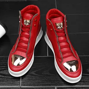 Men's British Style High-Top Closed Casual Sneakers - Red, White Thick Rubber Sole, Lace-Up, Breathable PU Upper, All-Season Versatile Athletic Walking Shoes, Trainer for Runners,summervibes