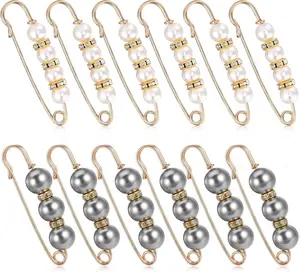 12 Pcs Pearl Brooch Pins,2 Styles Pearl Safety Pins,2 Size Fashion Pearls Pin for Clothes,for Women Clothing Dress Skirt Accessories(White & Gray)