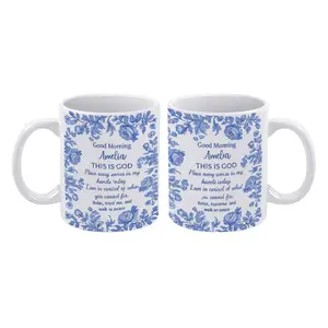 Personalized Christian Mug With Name, Blue Toile Floral Coffee Cup, Good Morning This Is God Prayer Mug, Faith Gift For Women, Bible Verse