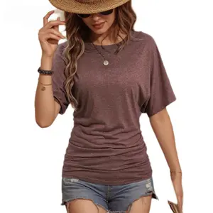Seya Women's Effortless Crew Neck Batwing Short Sleeve Side Ruched Top - Plain Cotton, Quiet Luxury Essential, Stylish Comfortable Baju Kelawar Outfit for Spring Glow Up