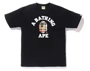 BAPE Check College Tee Black/Beige Men's Short Sleeve T-shirt with Big Ape Head Graphic Casual Street Style Summer Wear