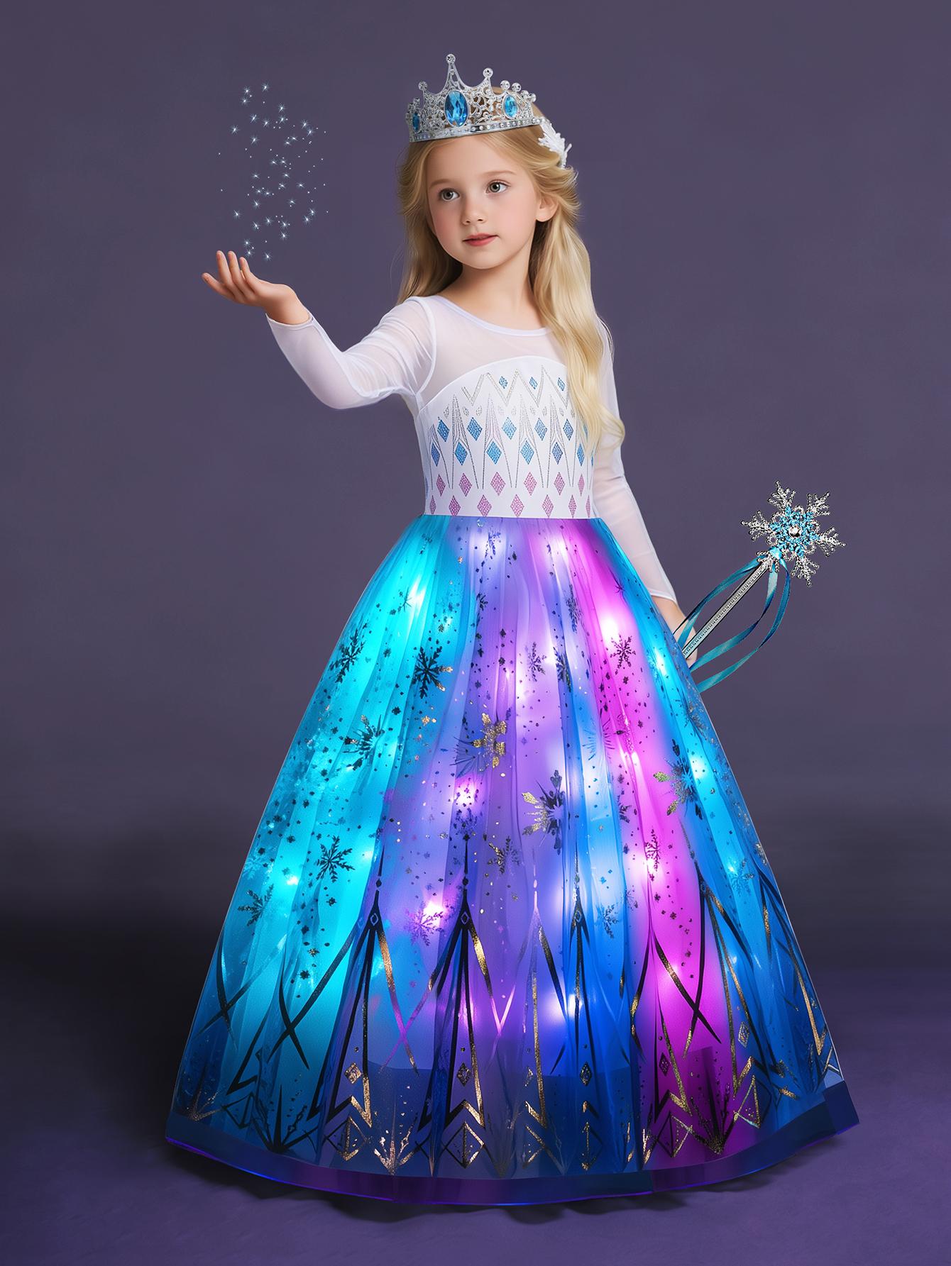 UPORPOR White Light-Up Princess Dress for Girls 100+ LED Modes Music Sync Christmas Halloween Ice Princess Costume with Accessories, Ages 3-9, No Battery Included UPORPOR White Light-Up Princess Dress for Girls 100+ LED Modes Music Sync Christmas Halloween Ice Princess Costume with Accessories, Ages 3-9, No Battery Included