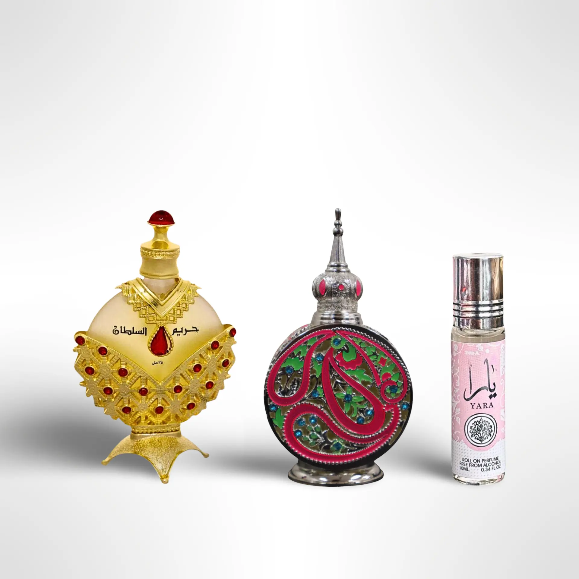 Lattafa Perfumed Oil Gift Bundle - Hareem Gold 35ml, Naseem Al Layl 35ml, Yara Roll-On 10ml with Jasmine, Rose, Vanilla, Citrus, Sandalwood, Musky, Sweet Spices, Tropical Fruits Floral Notes