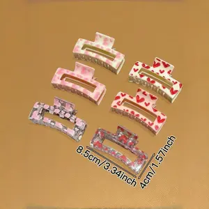 6PC Heart Print Acrylic Hair Claw Clips Y2K Trendy Valentine's Day Hair Accessories Pink Red White Clear Hair Barrettes for Women Girls Hair Styling Stylish Hair Grip Clips