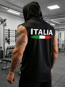 Men's "ITALIA" Italian Flag Sleeveless Hooded Tank Top - Distressed Print, Quick Dry & Breathable Performance, Perfect for Gym Training, Sports, Casual Wear & Italian Pride, Statement Athletic Hoodie