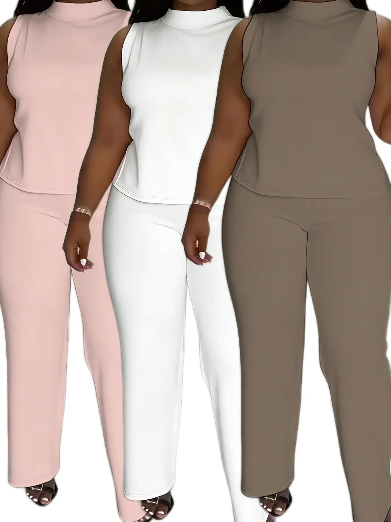 Women's Plus Size 2-Piece Outfits - Sleeveless Mock Neck Tank Top & Wide Leg Pants Matching Set, Chic Comfortable Elegant Style Office Wear for Daily Use