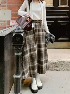 Women's Plaid Checkered Long Woven Skirt Bottom, Casual Elegant Fitted Style for Spring & Fall, Moderate Fabric Thickness, No Stretch, Perfect for Daily Wear
