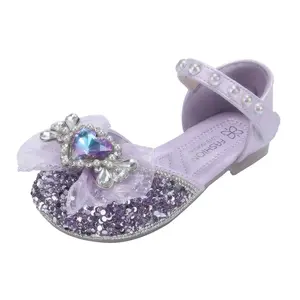 Elsa Frozen 3 Sparkly Sequin Bow Shoes for Girls - Breathable PU Leather Summer Casual Shoes, Silver/Blue/Purple
