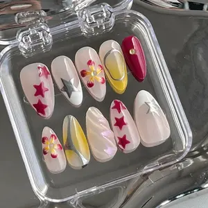 Silver French Flower Press On Nails | Glossy Nude Almond Nail Set