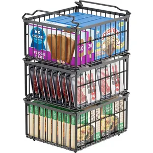 Freezer Organizer Bins, 3 Pack Big Stackable Deep Chest Freezer Organizer Bins, Foldable Baskets with Handles, Black Container Baskets for 5 to 9 Cu.FT Deep Freezer Sort Frozen Meats