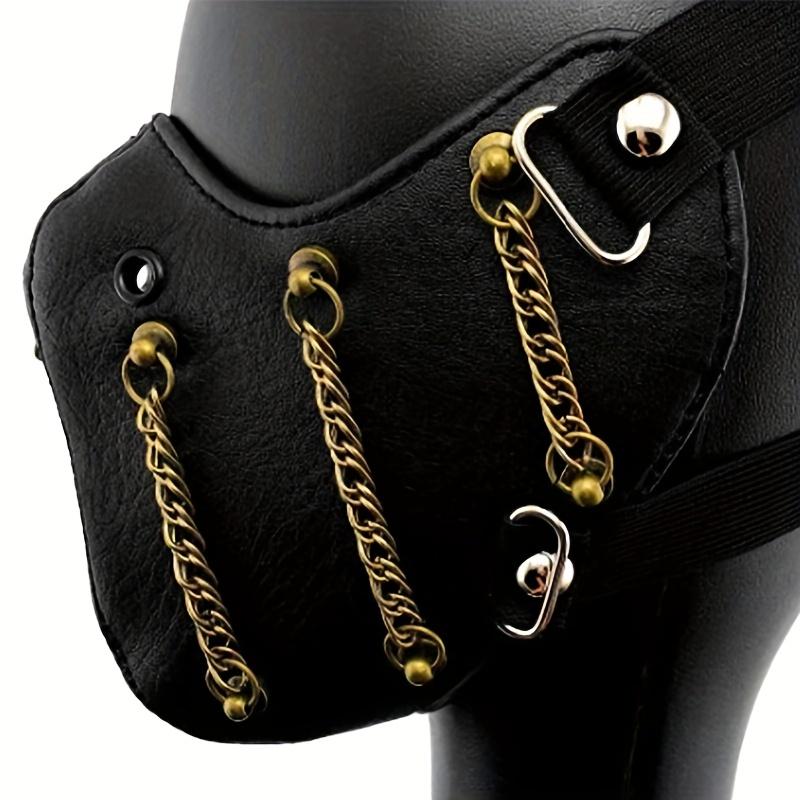 Cyberpunk and Steampunk Style Adult Faux Leather Mask with Gold Chain - Fashionable, Avant-garde Halloween Party Accessory, Adjustable Shoulder Strap, Design Options, Halloween Costume