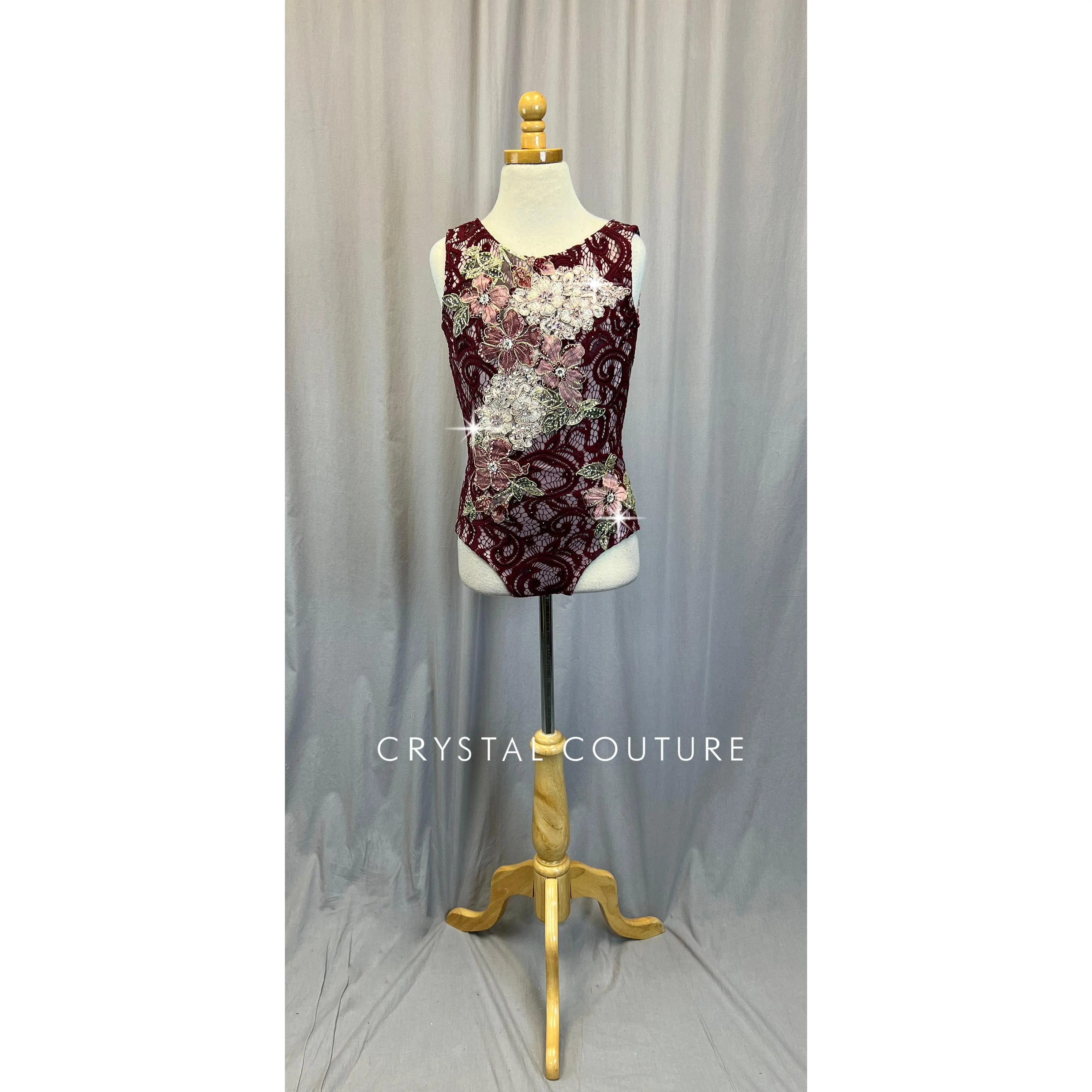 Mauve Leotard with Burgundy Lace and Floral Appliques - Rhinestones