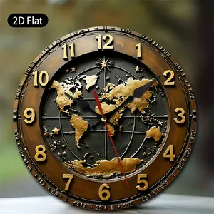 1pc, Two-Dimensional Flat Wall Clock Featuring a World Map Globe Design with a Golden And Bronze End, a Vintage Decorative Wall Clock Suitable for The Living Room, Office, Study, Bedroom, And Dining Area