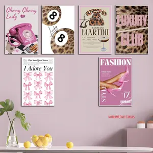 6-piece set, pink leopard-print room decor posters; trendy leopard-print wall art; aesthetic-style “Lucky No. 8” ball posters; playful Y2K-inspired red-themed art with a preppy vibe; perfect for bedrooms; frameless design; Leopard Print Decoration