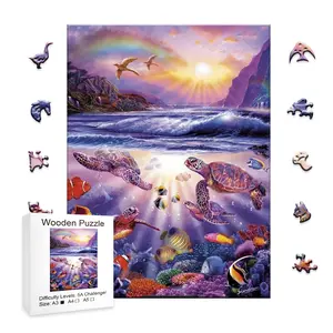 Ocean Sunset & Sea Turtle Wooden Puzzle, Vibrant Marine Theme, Unique Shaped Pieces, Art Jigsaw Gift for Ocean Lovers, Jigsaw Puzzles, Octopus Jigsaw Puzzles