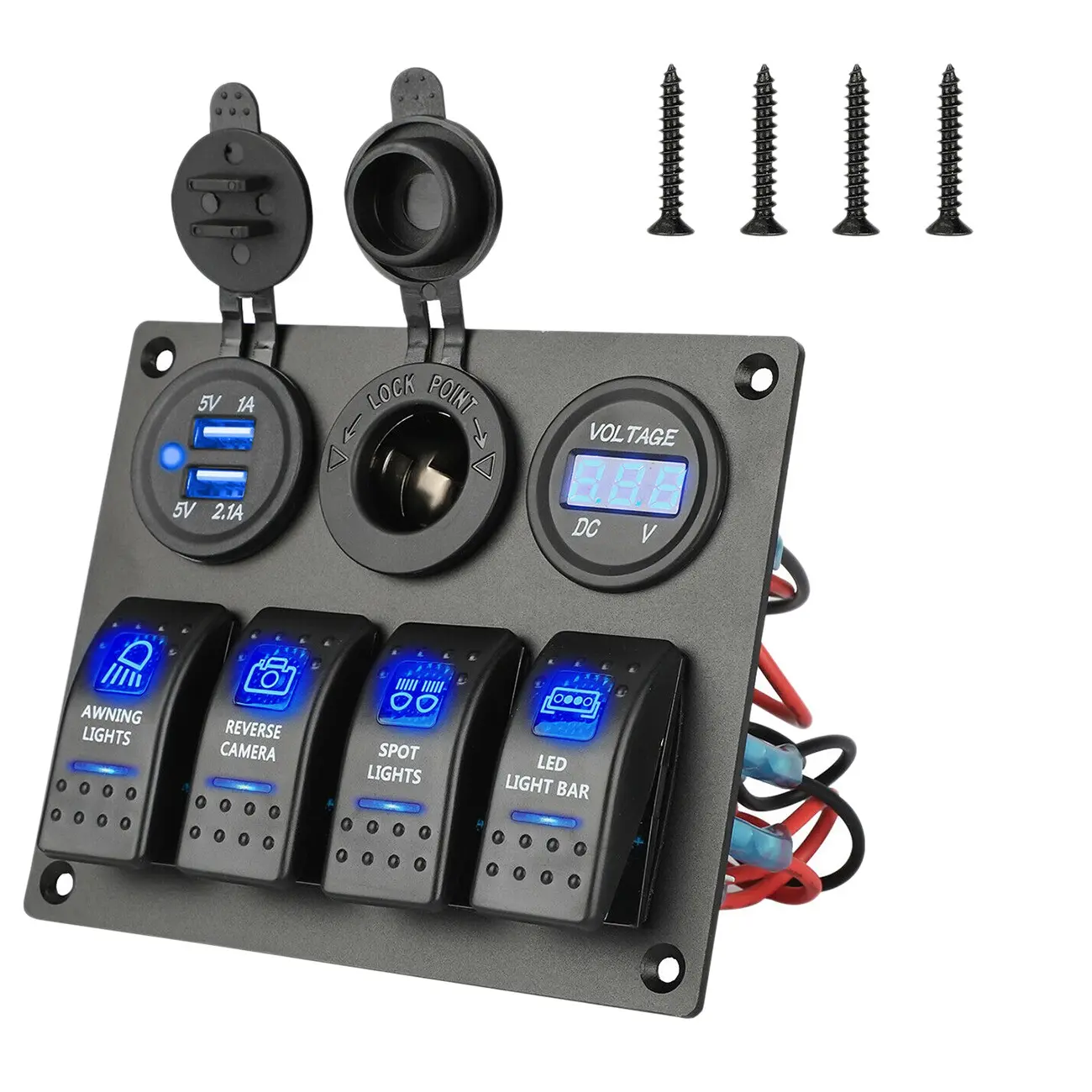 12-24V Waterproof 4 Gang Toggle Blue LED Rocker Switch Panel with Circuit Breaker, Digital Voltmeter Display & Dual USB Charger - Household Appliance Part for Car, Marine Boat, Car Trailer, Rv Vehicle