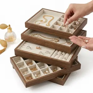 4-Piece Stackable Jewelry Organizer Trays, Aesthetic Dark Wood & Velvet Jewelry Drawer Inserts, Customizable Display Storage Separators for Rings, Earrings, Necklaces & Bracelets