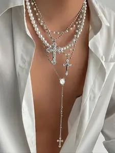 Men's Punk Style Zinc Alloy Cross Pendant Y-Shaped Necklace Set, cross chain design, Artificial Pearl Beaded Multi-Layer Chain Jewelry for All Seasons, Cross Charm Necklace
