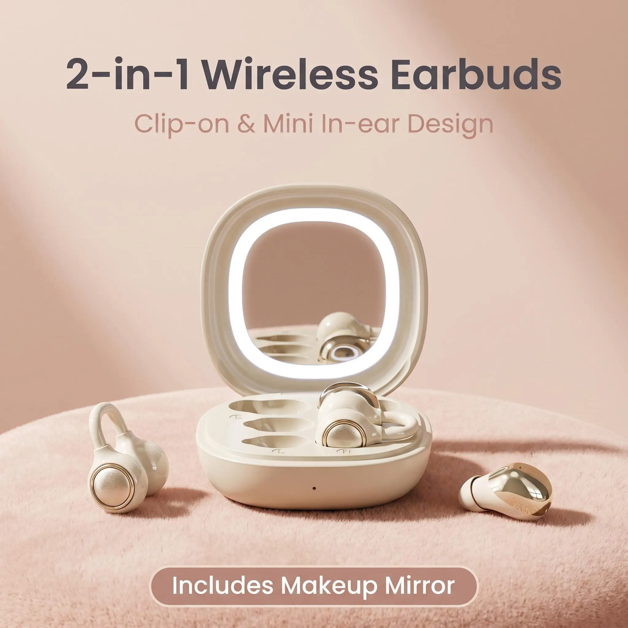 FLUFFDRIP M165 2-in-1 True Wireless Earbuds, Dual Design Ear Clip Open Ear Headphones & Ultra-Thin Mini Sleep In-Ear Earphones, Portable Charging Case with Built-in LED Lighted Makeup Mirror for Daily, Travel, Workout & Sleeping wireless earphone noise