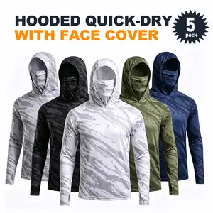 5-Piece Men's Quick-Dry Breathable Hoodies with Face Coverings Long-Sleeve T-Shirts - Spring/Fall Compression Sports Tops - Quick Dry Compression Fishing Shirts Long Sleeve Outdoor Work Tactical Hiking Gear Athletic Fashion