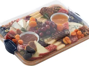 Farberware Build-A-Board Bamboo Cutting Board with Built-in Compartments and Clear Locking Lid with Navy Handles, Perfect for Charcuterie, Snacks, and More - Make it. Take it. Enjoy it, 11x14 Inches