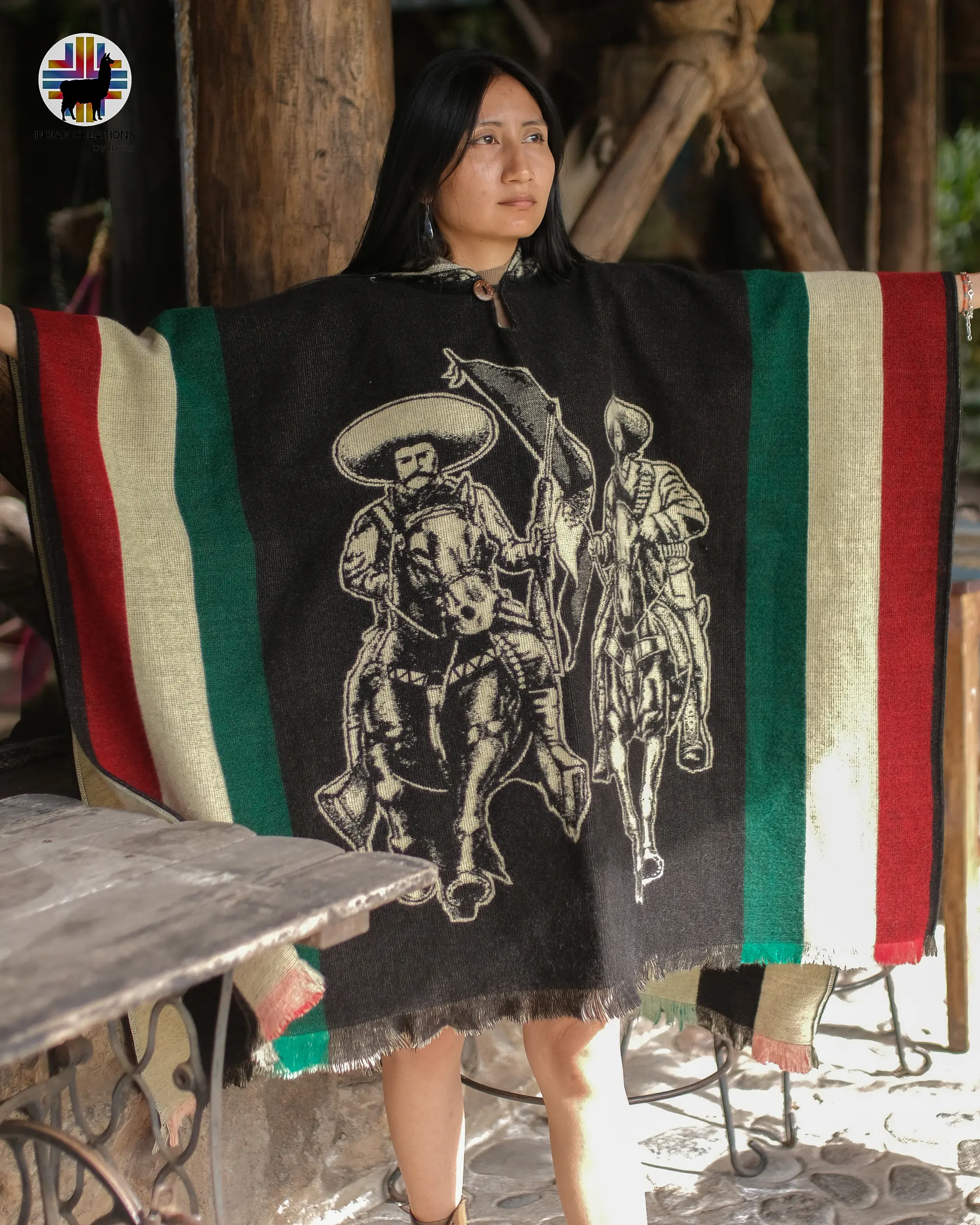Pancho Villa Alpaca Poncho Handmade Ecuadorian Artisanal Poncho with Virgin Mary Design 80% Alpaca 20% Acrylic Warm Winter Wear for Women & Men Unisex