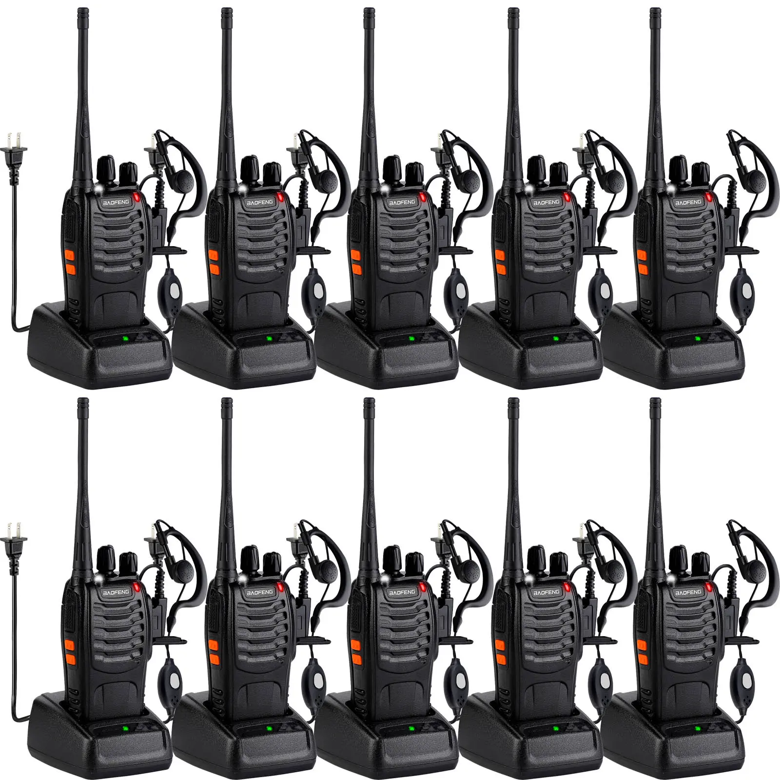 Baofeng 888S walkie talkie, handheld radio, 1-3 km long-distance communication, 16 channels, comes with a rechargeable lithium battery, charging kit, headset, and built-in flashlight, a great helper for home use and team camping (pack of 10)