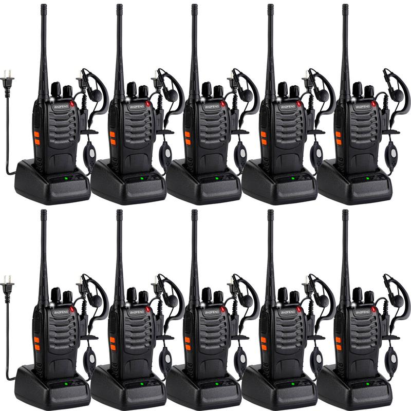 Baofeng Walkie-Talkie 888S Audio Walkie-Talkie, (10 units with 10 headsets) rechargeable with a 1-3 km long-range distance, 16-channel professional handheld two-way communication, built-in flashlight, comes with a lithium battery and charger.