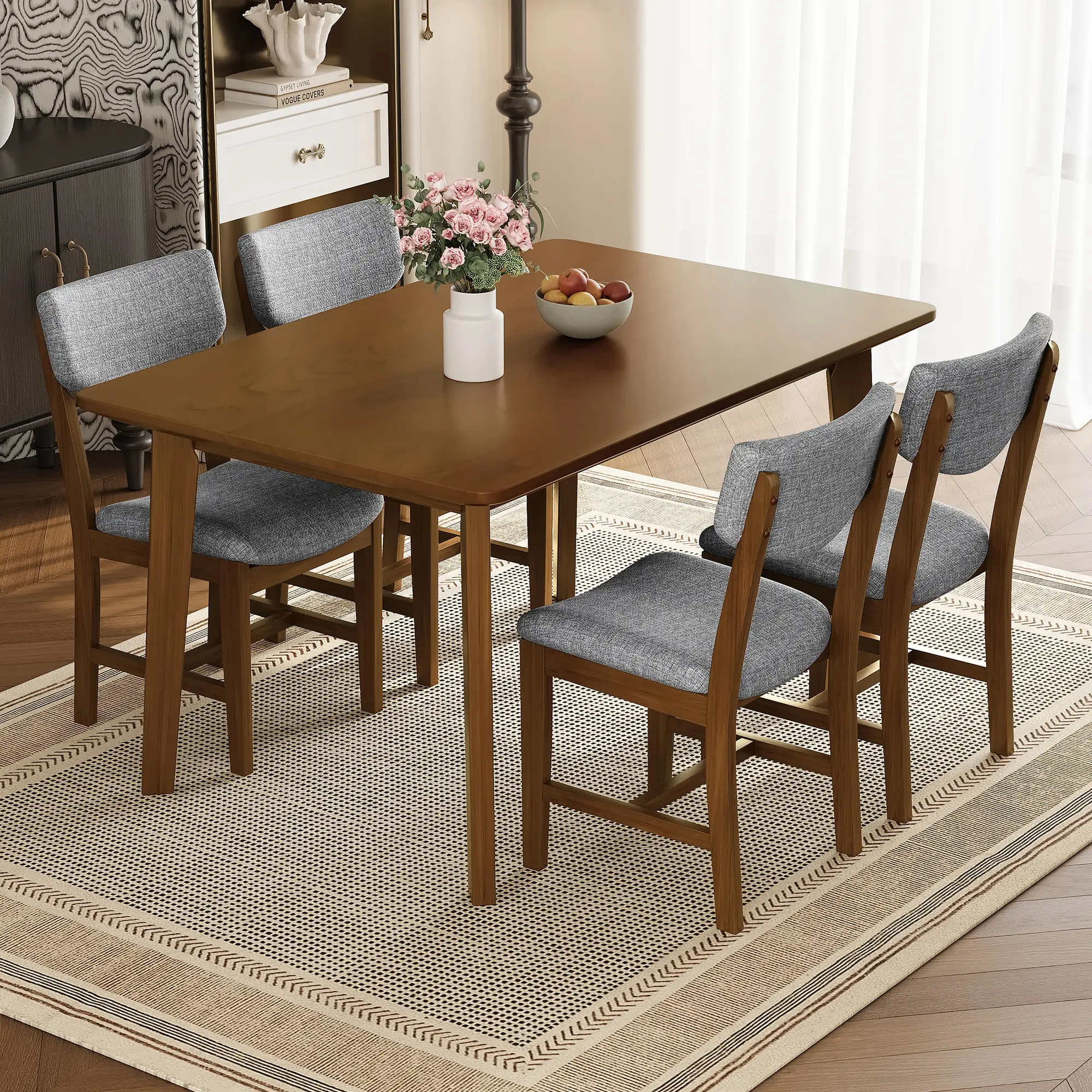 Rustic 5-Piece Solid Wood Dining Set (2 Packages Shipped) - 4 Upholstered Stain-Resist. Chairs, Farmhouse Furniture with Padded Ergonomic Backrest, Space-Saving Dinette for Modern Kitchen, Tools Incl.