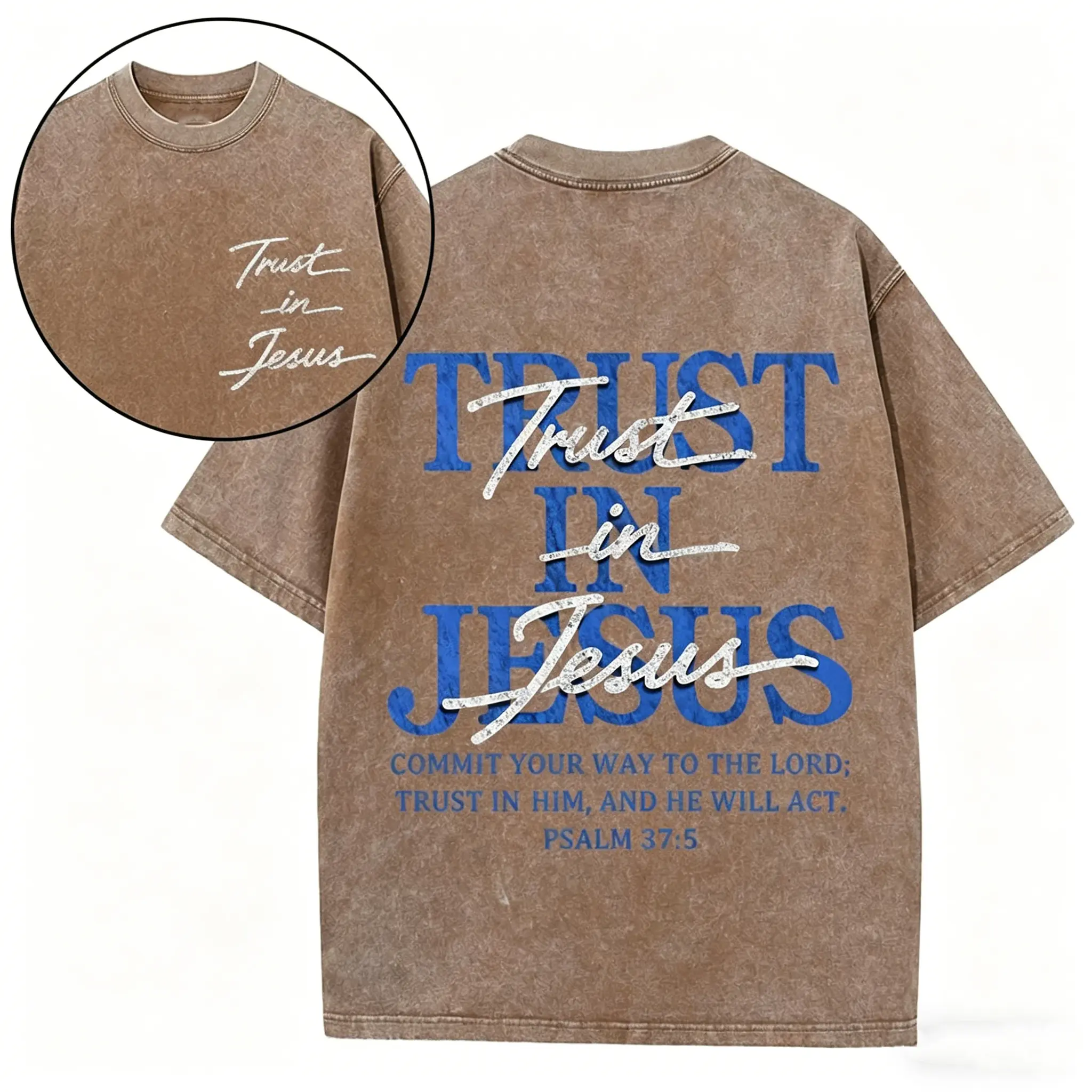 Menswear Washed Oversized Short-Sleeve Streetwear Top, "Trust in Jesus" Psalm 37:5 Bible Verse Design, Casual Faith-Based Gift for Men