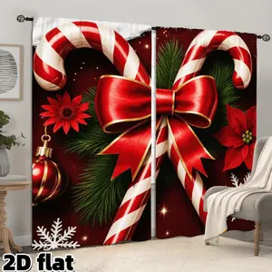 2D Flat 2Pcs Christmas Candy Cane Curtains Festive Red Bow Poinsettia Pattern Semi Sunshade Panels Rod Pocket Design Holiday Theme Decor Home Decoration Curtain for Living Room Bedroom Kitchen Window Treatment Privacy Protection