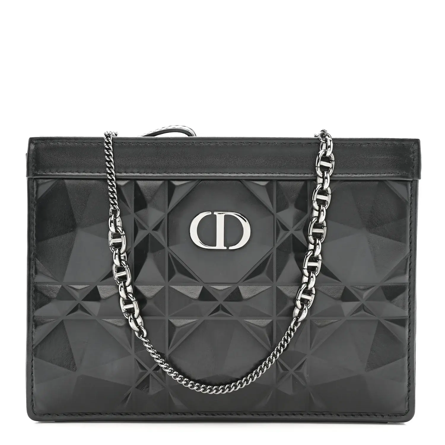 Pre-owned Dior Calfskin Shoulder Bags Macrocannage Diamond Caro Zipped Pouch With Chain Black