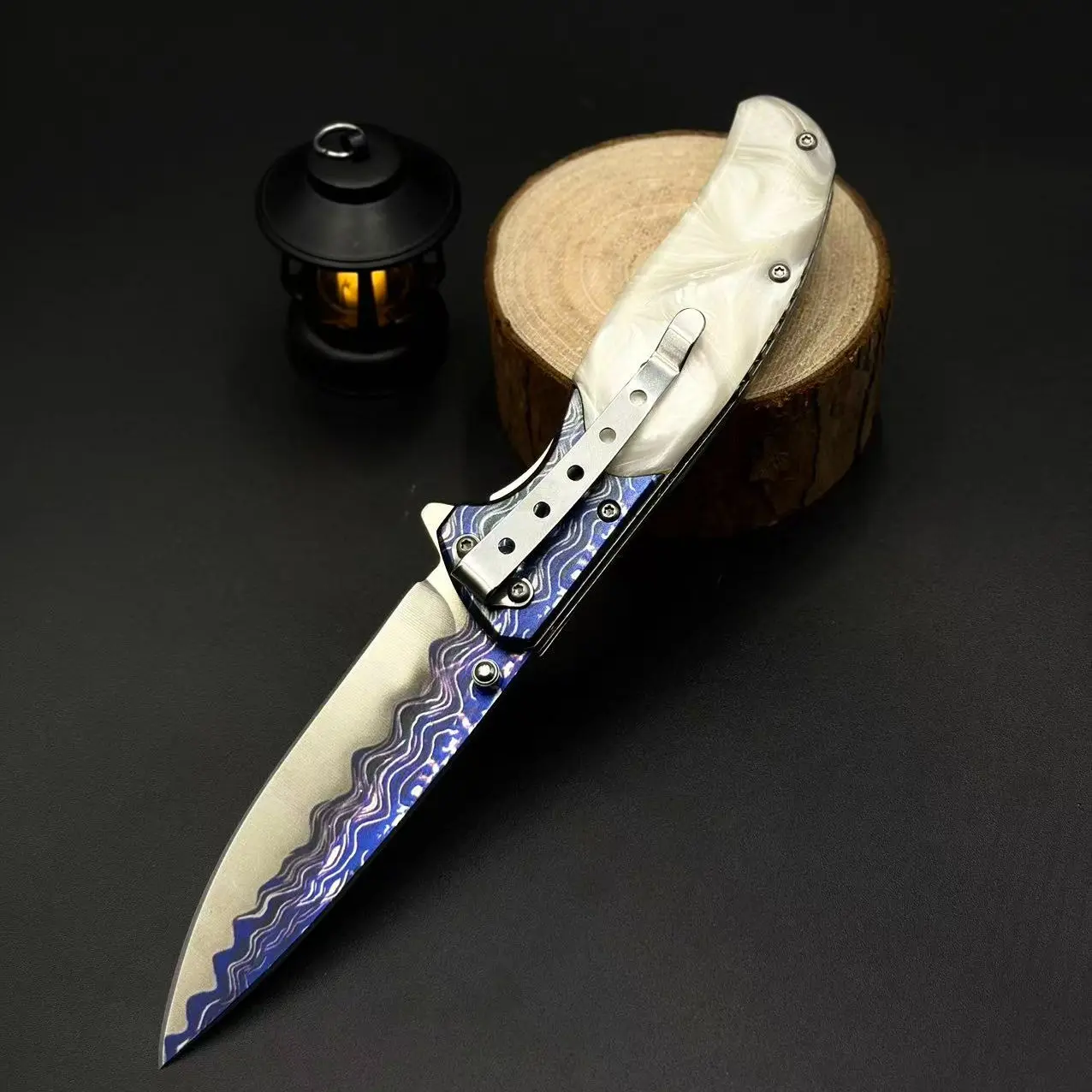 Marble Texture Handle Folding EDC Pocket Knife, Oxidation Resistant Wave Pattern Steel, Sturdy Pearl Grip With Built-In Back Clip & Glossy Finish. Ideal Fishing, Camping, Outdoor & Kitchen Utility Tool, Premium Holiday Gift For Men