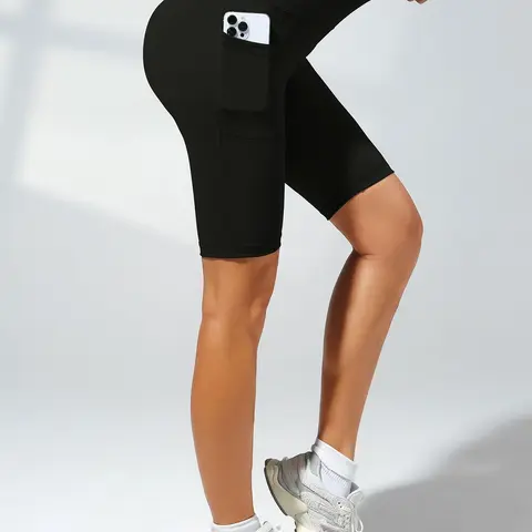 Women's Solid High Waist Sports Shorts, Casual Comfy Breathable Pocket Shorts for Yoga Gym Workout Running, Gym Shorts, Ladies Sportswear for All Seasons, Breathable Fitness Shorts, Breathable Athletic Shorts, Workout Impact Shorts, Shorts with Pocket