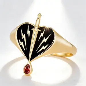 Punk Lightning Ring - Dark Punk-Style Heart-Shaped Dagger-Themed Ring with Black Enamel Background & Gold-Lined Patterns for Gothic Dark Romantic Vibe