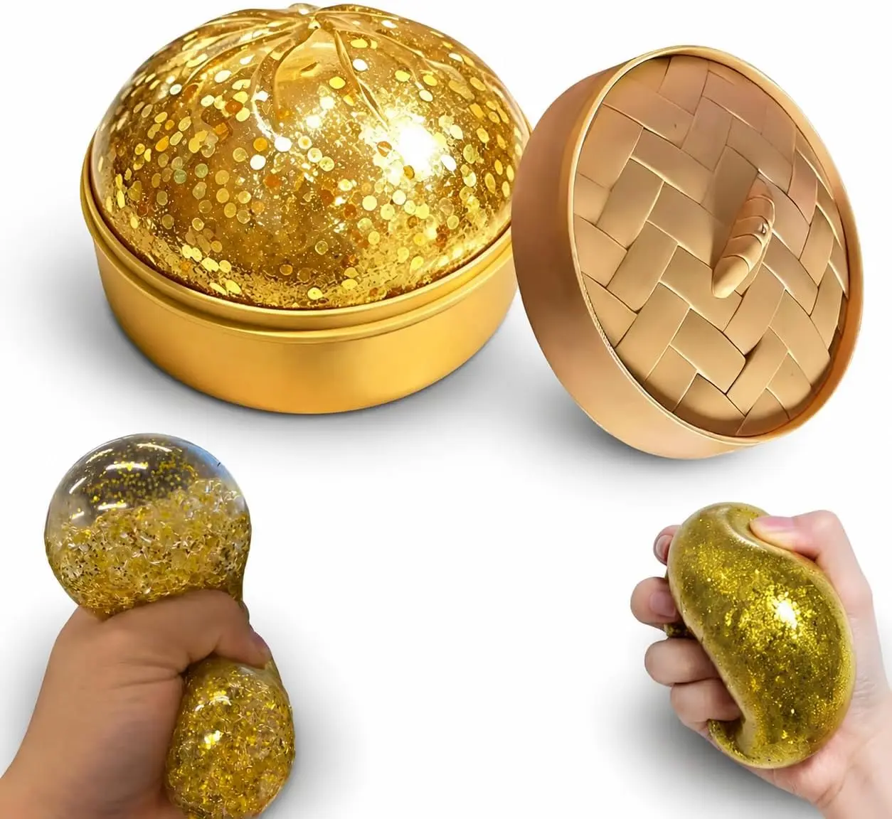 Dumpling Stress Ball Glitter Sand Bead Squishy, Cute Bao Bun Squishy Toy, Soft Sensory Fidget Toy, Handheld Stress Relief Squeeze Toy for Kids & Adults, Office Home Relaxation, Steamer Style Smiley Face