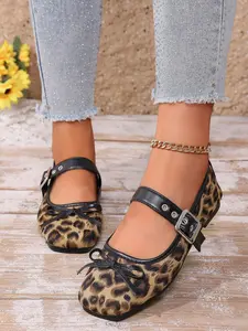 Women's Leopard Print Bow Mary Jane Flat Shoes, Buckle Strap Square Toe Ballet Flats, Casual Leopard// Footwear
