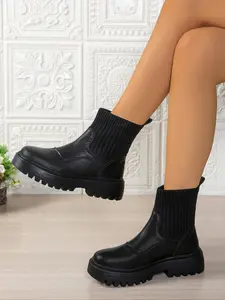 Women's Brown Leather Mid-calf Boots, Trendy Round-toe Boots, Comfortable Thick-soled Boots, Versatile Mid-heel Boots, Fashionable Daily Wear Boots, Female Stylish Footwear, Chic Shoes, Modern Boots, All-match Boots, Trendy Footwear, Winter Boot Shoes