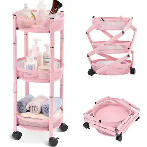 3-Tier Foldable Metal Storage Rolling Cart, Collapsible Utility Cart, No Assemble, Multifunction Organizer Trolley with Lockable Wheels for Kitchen, Living Room, Bathroom, Pink