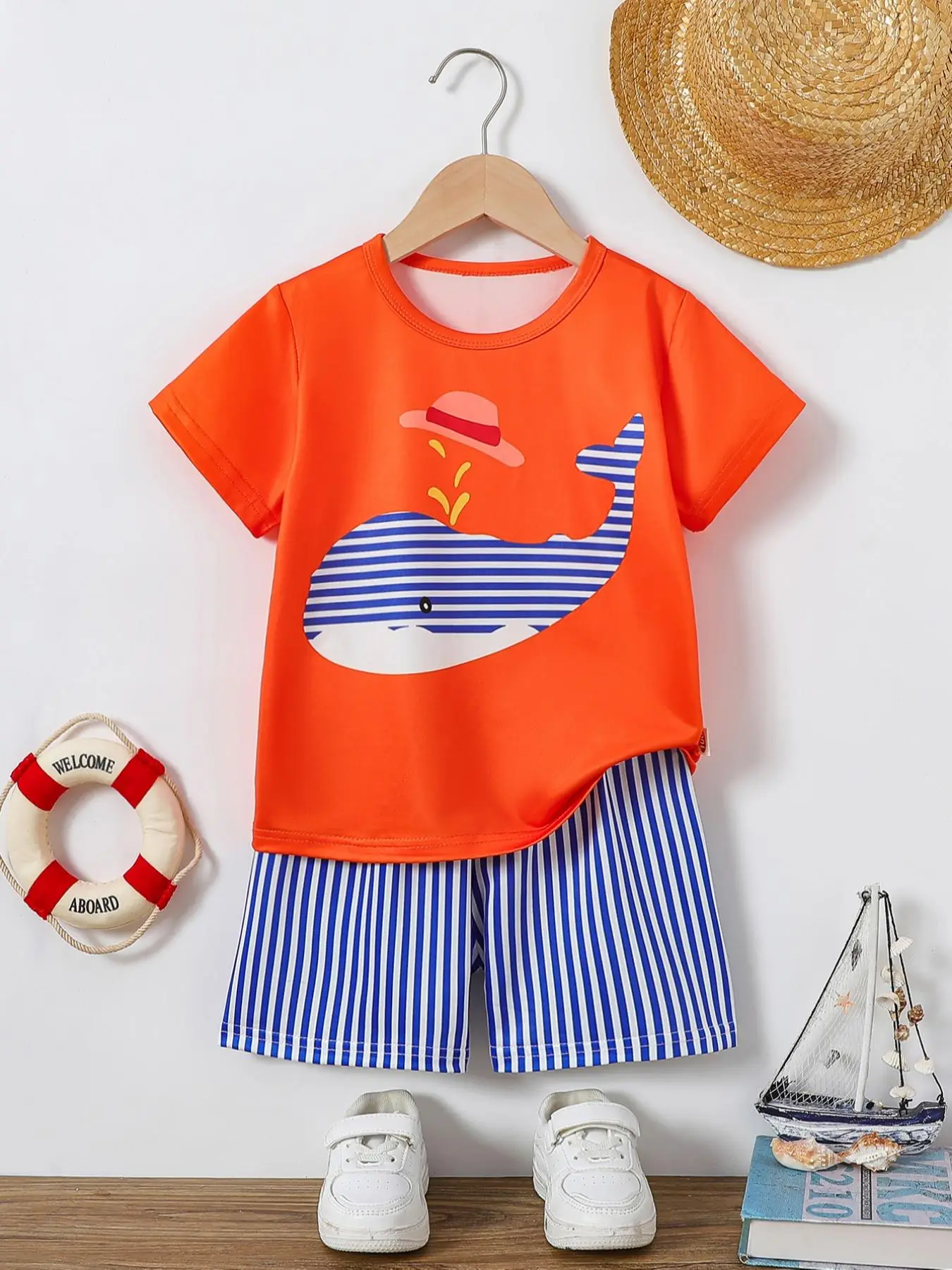 Two-piece Set Boy's Whale Print Short Sleeve Tee & Striped Print Shorts, Casual Round Neck T-shirt & Elastic Waist Shorts, Summer Outfits Clothes for