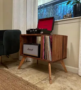 Mid-Century Modern Record Player Stand Cabinet - Retro Vinyl Storage & Turntable Console